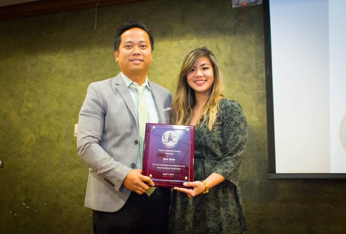 April Tieu (President of YLC) and Duc Dinh with the Honoree Award
